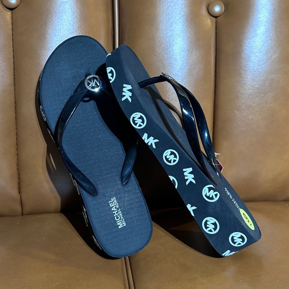 Michael Michael Kors Black Flip Flop Wedge Sandals
